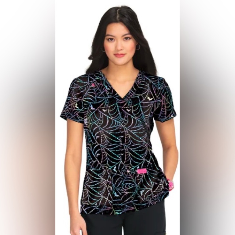 BETSEY JOHNSON Spiderweb Bat Short Sleeve Scrub Top Size L Excellent Condition